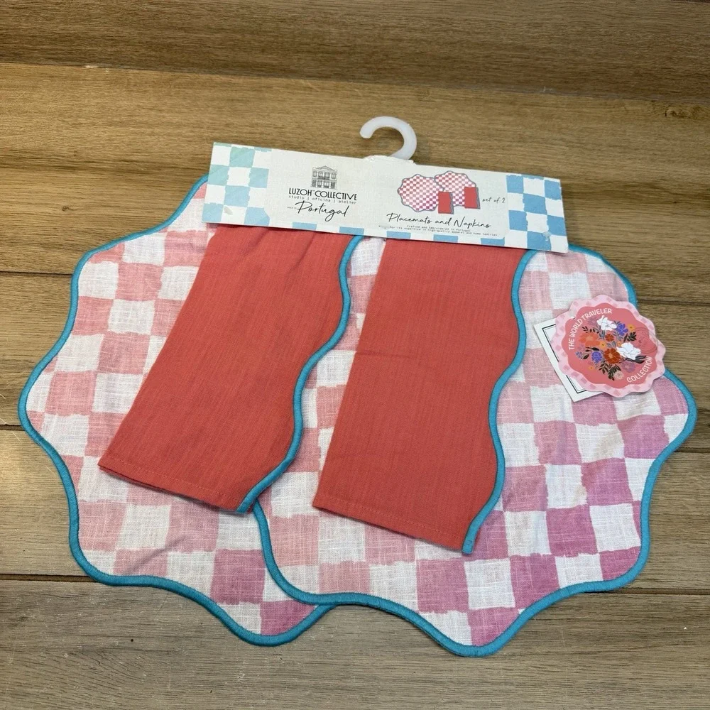 Luzoh Collective Placemat Napkin Set Linen Pink Gingham Boho Chic Portugal